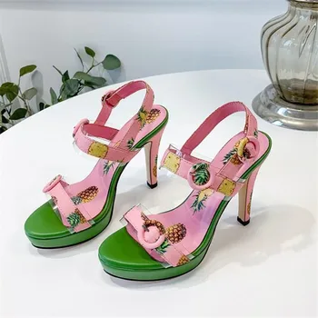 

Pineapple Printing Sandals Women Peep Toe Summer Shoes Woman Fashion Color Block Platform High Heels Round Buckle Ladies Shoes