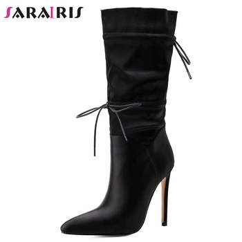 

SaraIris Mixed Color Brand Lace Up High Heels Mid Calf Boots Women Winter Boots Ladies Pointed Toe Shoes