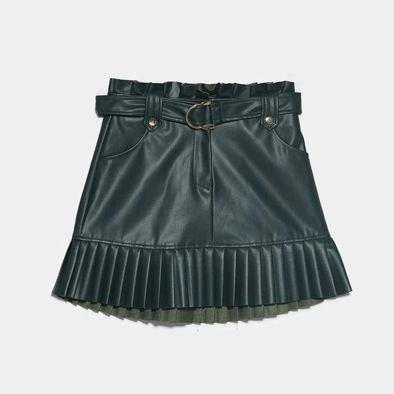Green skirts woman Юбки с высокой талией, плиссированные мини сексуальные шикарные юбки, Корейская панк-юбка, элегантные кожаные юбки, Женская юбка из искусственной кожи с карманами - Цвет: Green skirts woman