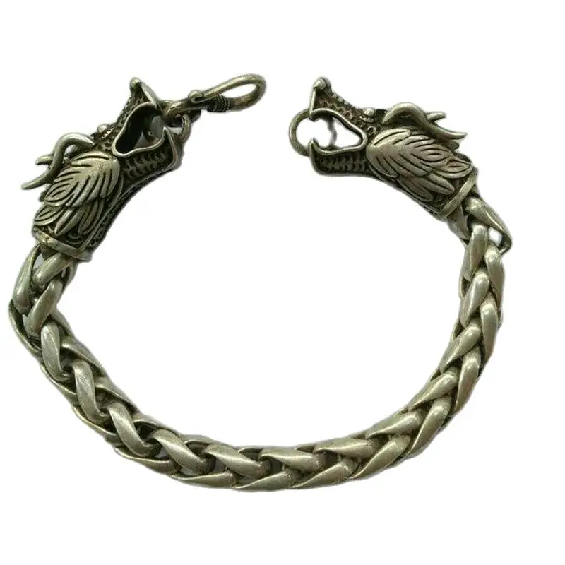 

China Old National Style Tibet Silver Carve Pair Dragon Head Chain Bracelet