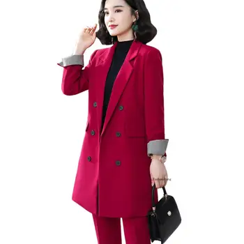

2019 Women Green Red Winter Autumn Blazers High Qulaity Tripe Breasted Long Blazer Coat Fashion Solid Jacket For Office Lady