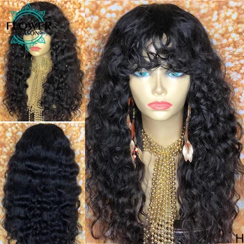 

Water Wave Human Hair Wigs Scalp Base Top Full Machine Made Wig with Bangs 180% Brazilian Remy Human Hair Wig Bangs Flowerseason