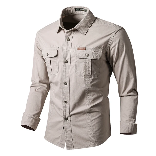 Mens Cotton Military Shirts Men Long 
