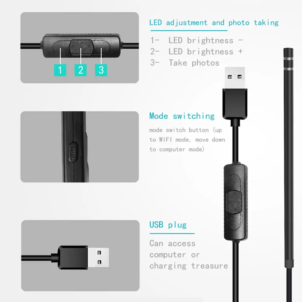 USB эндоскоп инструмент для чистки ушей бороскоп эндоскоп WiFi мониторинг компьютеров Портативный прочный черный 6LED Инспекционная камера