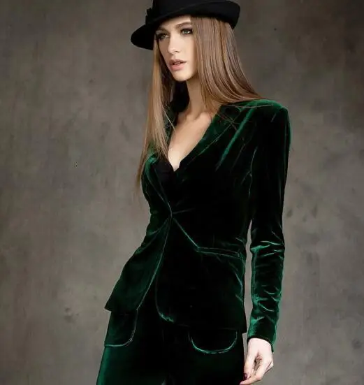 Deep Green Новое поступление, высококачественный шикарный Европейский женский бархатный блейзер, облегающий приталенный Золотой короткий OL жакет, блузы размера плюс - Цвет: Deep Green