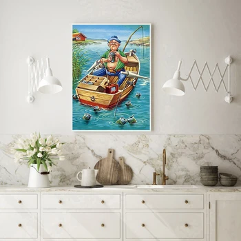 

Cross Stitch Diamond Painting Fishing Man Mosaic Needlework 5D DIY Full Drill Stitch DIY Framed Drill Eco-friendly Craft