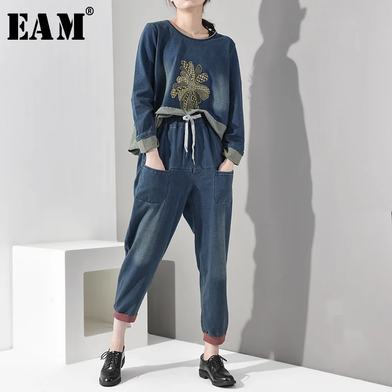 

[EAM] Wide Leg Pants Denim Two Piece Suit New Round Neck Long Sleeve Loose Fit Women Fashion Tide Spring Autumn 2020 AA612