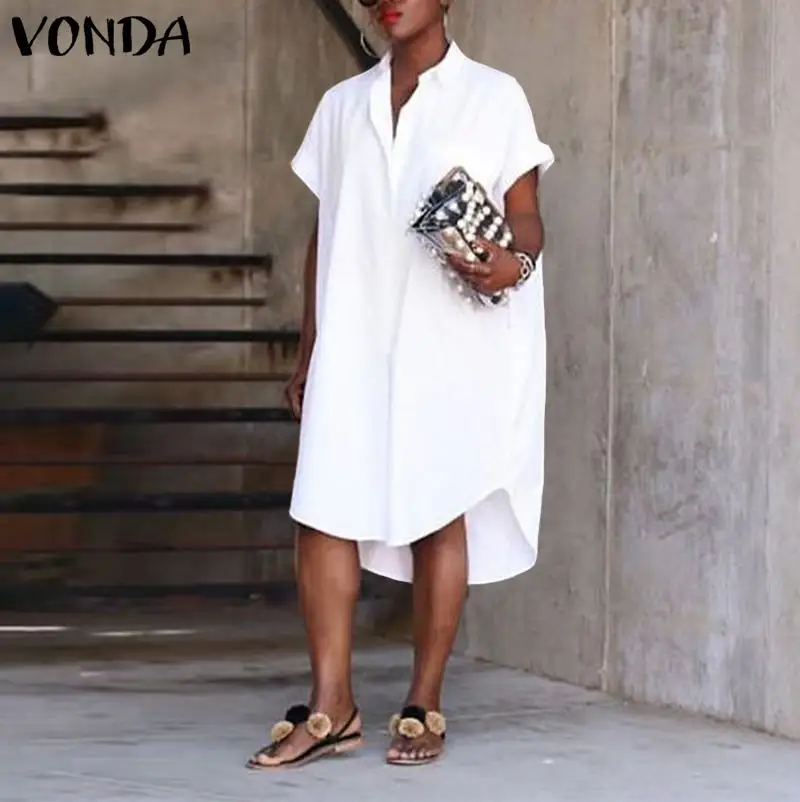 

VONDA Women Shirts Sexy Lapel Neck Long Tops Casual Loose Tunic 2020 Summer Dress Ladies Party Shirts Female Plus Size Blouse