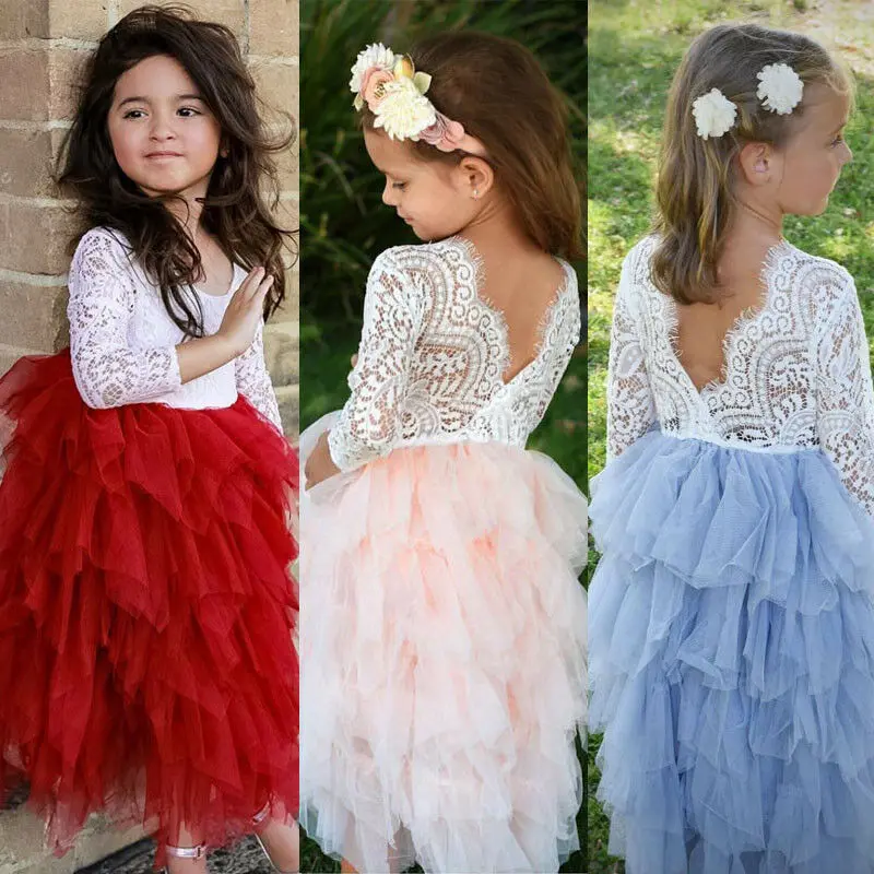 

Kids Baby Girls Princess Dress Lace Layered Tulle Backless Dress Wedding Party Prom Dress Pageant Child Girl Formal Dresses