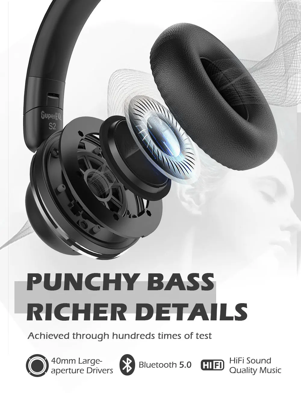 SuperEQ  ANC Wireless Headphones Bluetooth 5.0 Headphone with Mic On Ear Deep Bass Stereo HiFi  Wireless Earphones S2