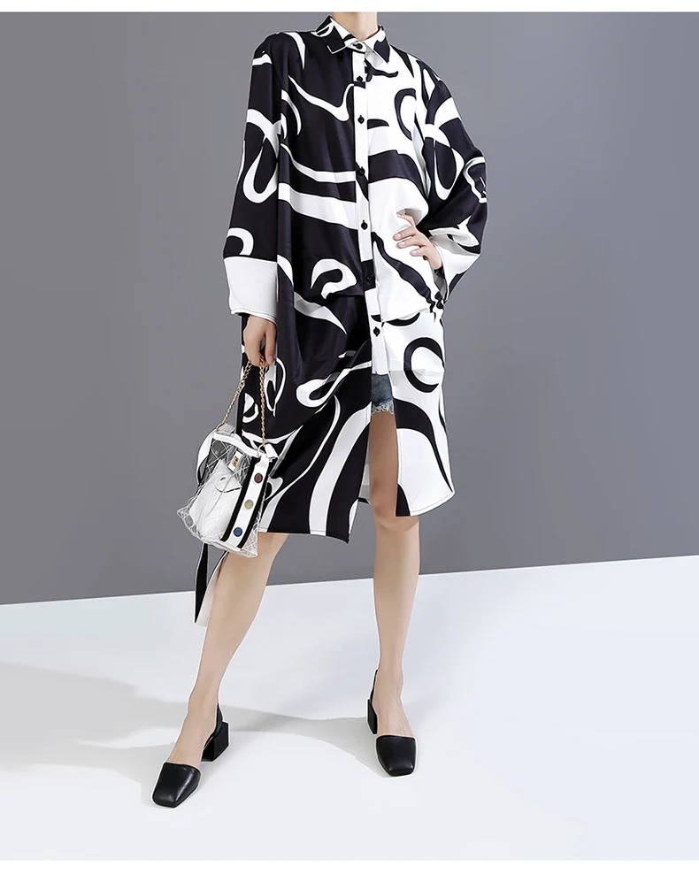 New Fashion Black And White Tie Dye Print Shirt Dress