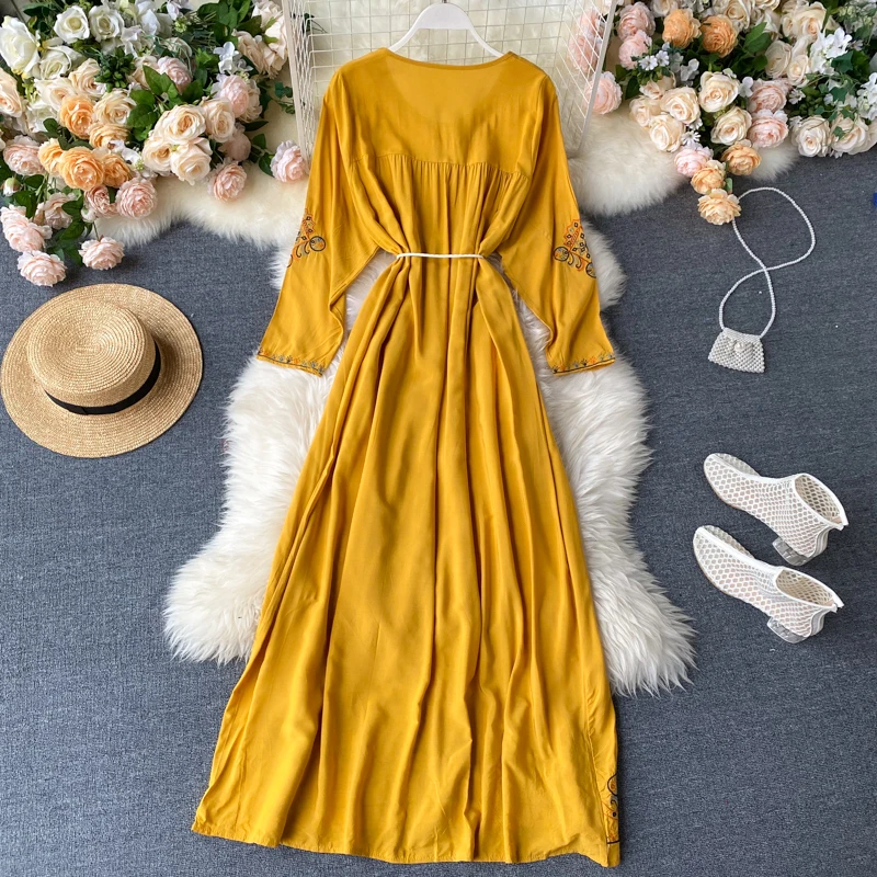 Neploe Indie Folk Vintage Embroidery Dress Fashion O-Neck Sashes Slim Waist Dresses Femme Loose Long Sleeve Mid-Calf Vestidos