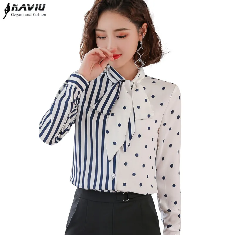 

Fashion Stripes long sleeve shirt women 2019 New autumn slim bow dot design patchwork chiffon blouses office ladies work tops