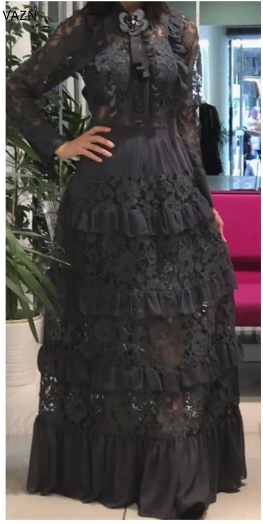 VAZN горячее сексуальное элегантное модное женское платье с круглым вырезом и длинным рукавом, кружевное праздничное бальное платье макси JN02