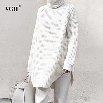 

VGH White Knitted Sweater For Women Long Sleeve Turtleneck Side Split Irregular Thick Sweaters Female 2020 Spring Fashion New