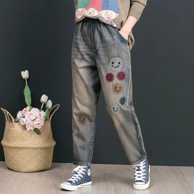 Kaufen Herbst Neue Kunst Stil Frauen Jeans Plus Größe Vintage Stickerei Patchwork Lose Baumwolle Denim Harem Hosen Hohe Qualität D554