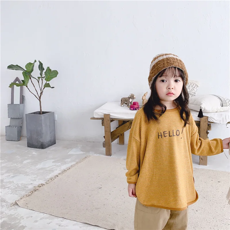 Children Wear Fall/Winter New Girls Korean Stripes Long Thicken T-Shirt Toddler Girl Winter Clothes Kids All Match Tops Tee