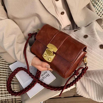 

Vintage Solid Color Female Crossbody Bags For Women Weave Strap Shoulder Bags Luxury Designer Pu Leather Women Handbag Lady Flap