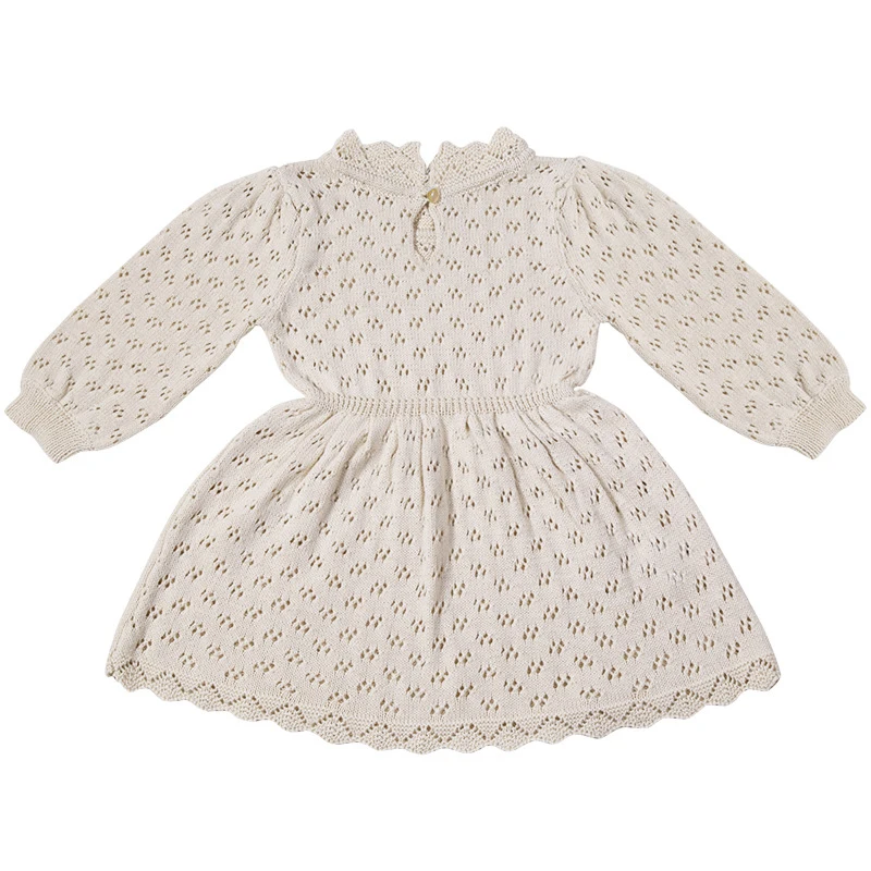 Autumn Winter Baby Girls Lovely Princess Dress Children's Hollow-out Long-Sleeved Dress Knitted Woolen