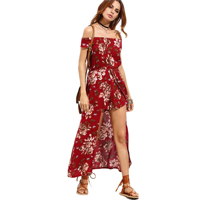 

Printed Cotton 2019 Europe And America Large Size Dress Horizontal Neck Beach One-piece Dress + Shorts