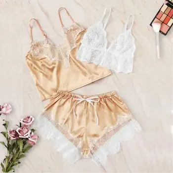 

NEW Floral Lace Satin Lingerie Set 3pack 2019 Summer Pajamas For Women Sexy Sets Ladies Wireless Bra And Shortie Sleepwear #121