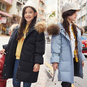 

2019 Fashion Children's Thickening Warm Down Jacket Girls Long Section Fashion Big Fur Hooded Down Jackets Outerwear Coats