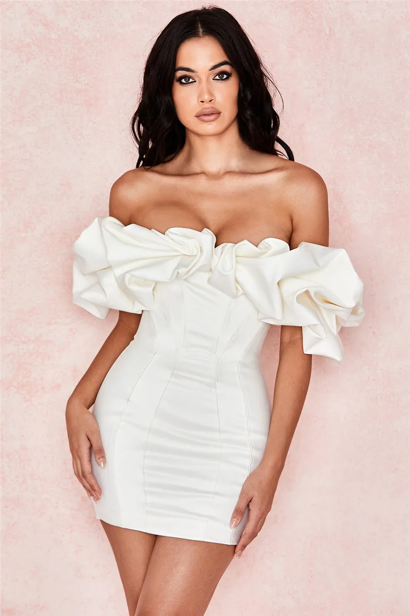 Feditch Satin Ruffles Sleeve 2020 Summer Dress Backless Strapless Bodycon White Dress Short Sexy Party Dress Nightclub Vestidos