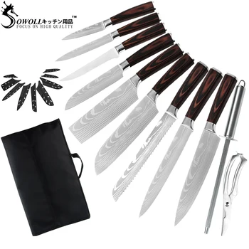 

Sowoll Knives Set with 12 Pockets Roll Bag Kitchen Heavy Duty Scissors Knife Sharpening Rod 7CR17 Stainless Steel Chef Knife Set