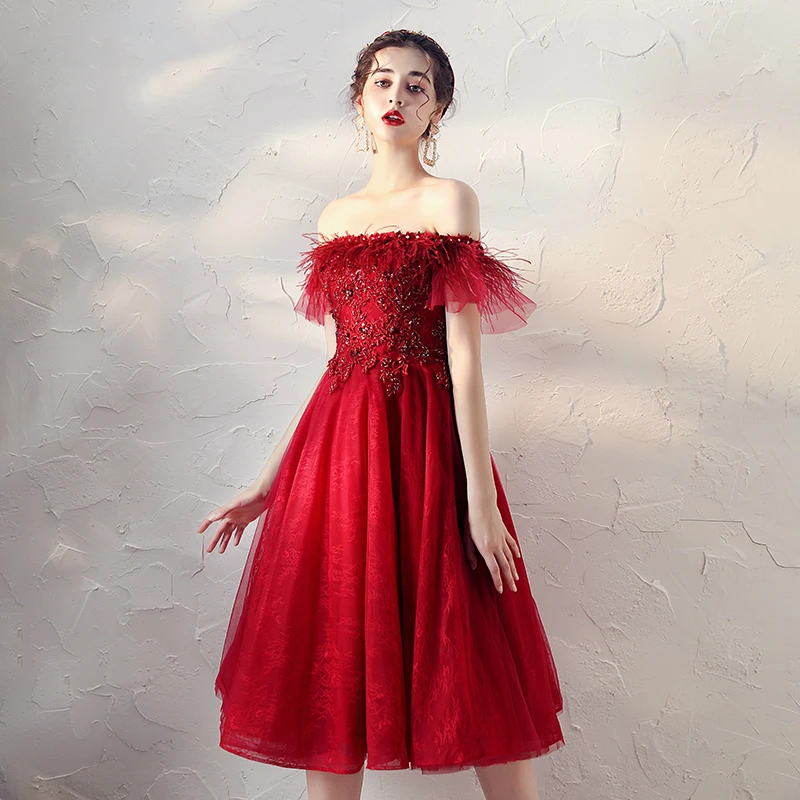 SSYFashion/Новые Элегантные красные коктейльные платья для банкета невесты, кружевной вырез лодочкой, с аппликацией, перья, винтажные вечерние торжественное платье