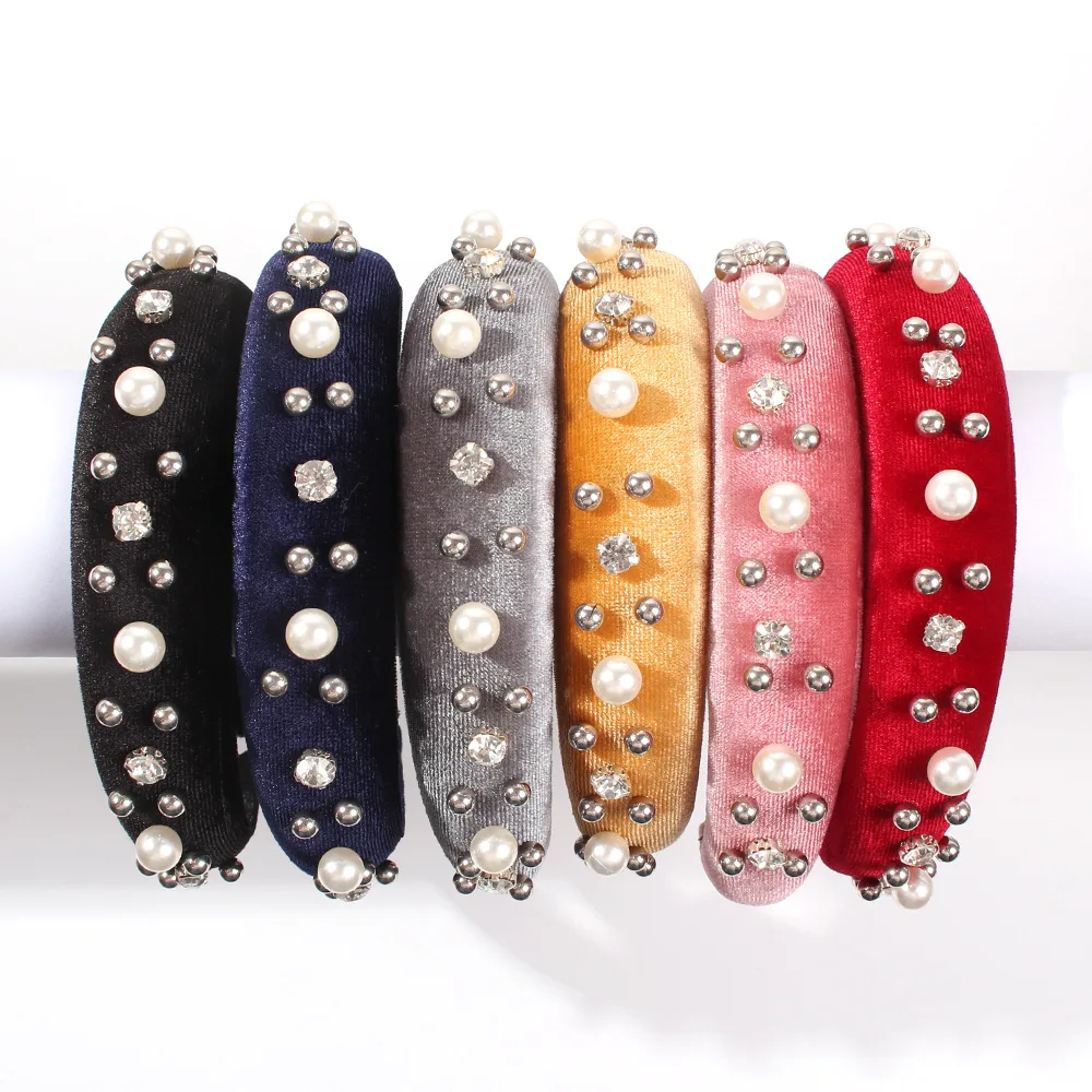 Thick Sponge Velvet Hairbands Pearl Crystal Headbands For Women Girls Head Bands Headwear Fashion Hair Bands Accessories