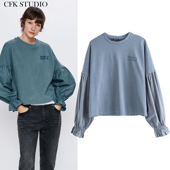 

Za Women Hoodies with O-neck Letter Printed Butterfly Long Sleeve Cotton Top Femme Oversize Sweatershirt Blue Top