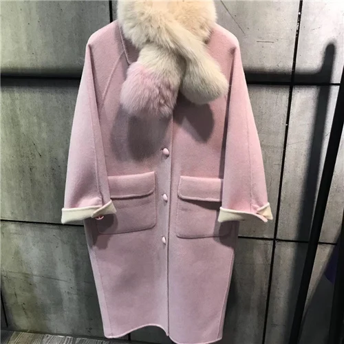 Pink Кашемировое пальто с воротником из натурального Лисьего меха, зимняя куртка, Женская Повседневная Верхняя одежда, женское кашемировое шерстяное меховое пальто - Цвет: Pink