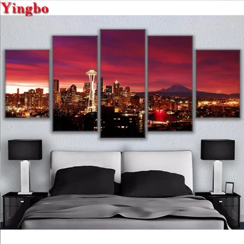 

5D DIY Full round square Diamond Painting Night Sky Seattle Cityscape Pictures Embroidery Cross Stitch Mosaic home Decor 5pcs