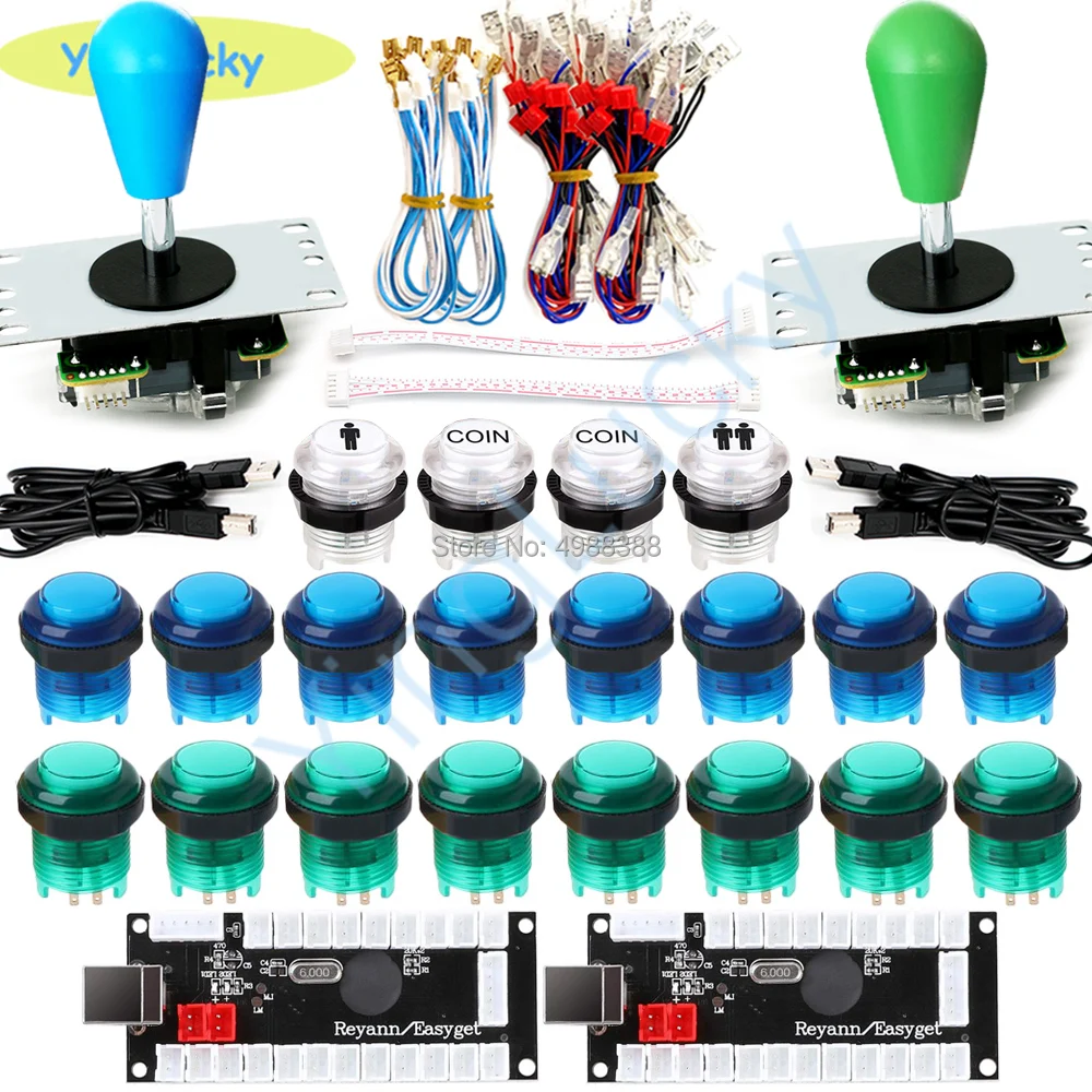 Arcade Joystick Game Parts DIY Encoder USB Oval Joystick 20 LED push buttons 1P 2P button with cable kit，for Arcade Video Games 