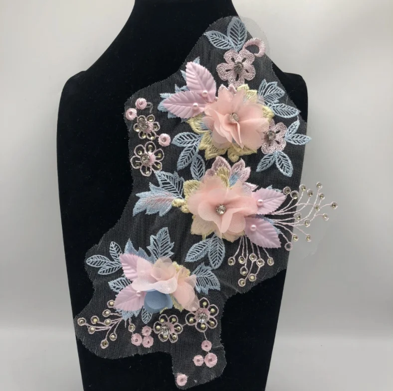 Flowers Imitation Pearl Lace Collar Embroidery DIY 3D Tulle Lace Patch Decoration Clothes Applique Accessories 1 Piece
