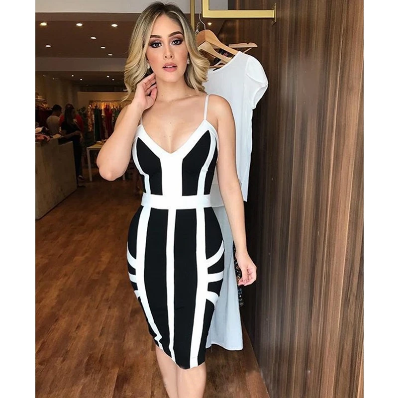 

2019 New arrival fashion striped bandage dress elegant black and white spaghetti strap dress mature women party short dress