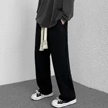 

Fleece Black Pants Men Large Size Hand-Woven Drawstring Casual Trousers Autumn Winter Loose Straight High Street Sports Pants