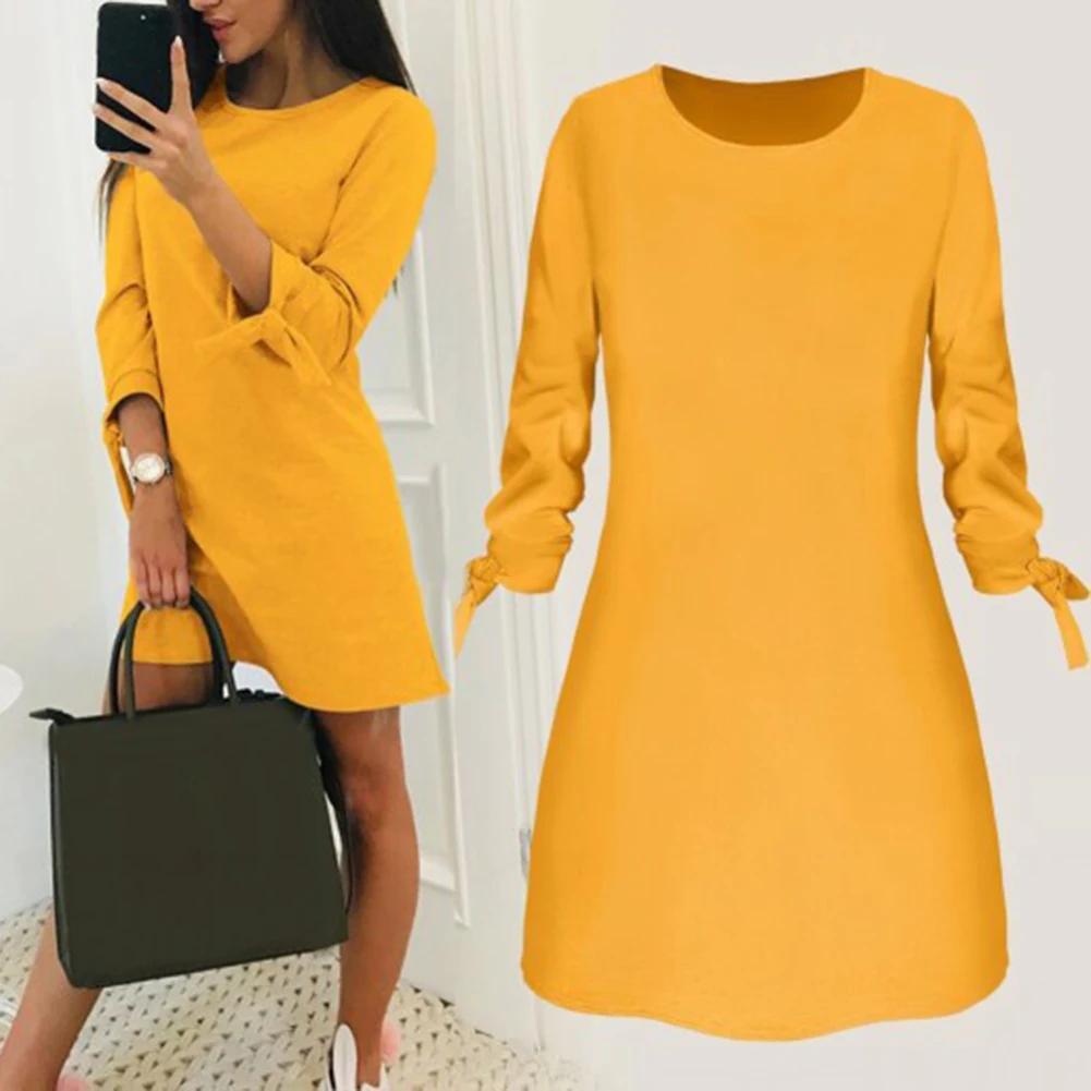 Women Fashion O-Neck Solid Bow Elegant Straigth Dress 2020 Spring Loose Mini Dresses 3/4 Sleeve Comfortable Plus Size | Женская одежда