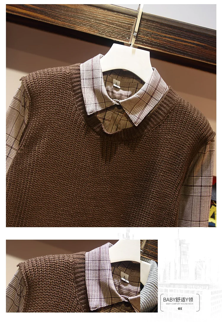 XL-5XL размера плюс, женские вязаные свитера, зима, модные хлопковые клетчатые рубашки с длинным рукавом, пэтчворк, имитация 2 частей, трикотаж