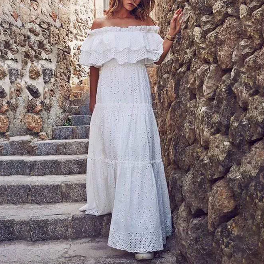 

2020 Spring Solid White Sexy Off Shoulder Women Dress Slash Neck Hollow Out Empire Drawstring Long Style Elegant Dress