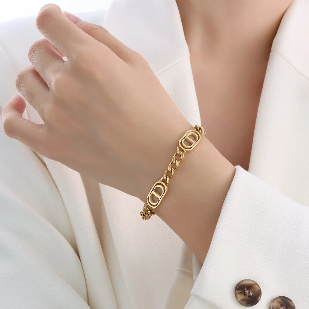 YAONUAN Hiphop Titanium Steel Gold Plated Bracelet For Women Double D Thick Line Design Chain Bracelet 2021 Trendy Party Jewelry