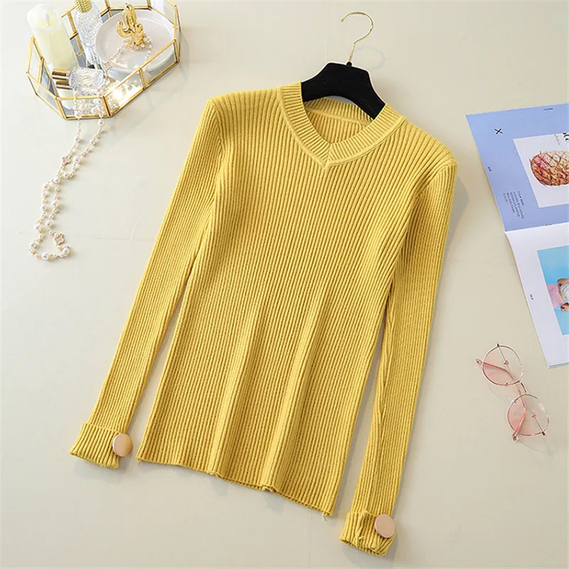 ML2223yellow Осень Для женщин вязаный свитер женские блузы с длинным рукавом пуловер с вырезом в виде буквы V офисные Топы женские мягкие свитеры - Цвет: ML2223yellow