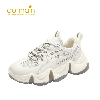 

DONNAIN Genuine Leather Lace up Flats Wedge Platform Shoes Mid Heel Breathable Mesh Sneakers for Women Casual Colorful Footwear