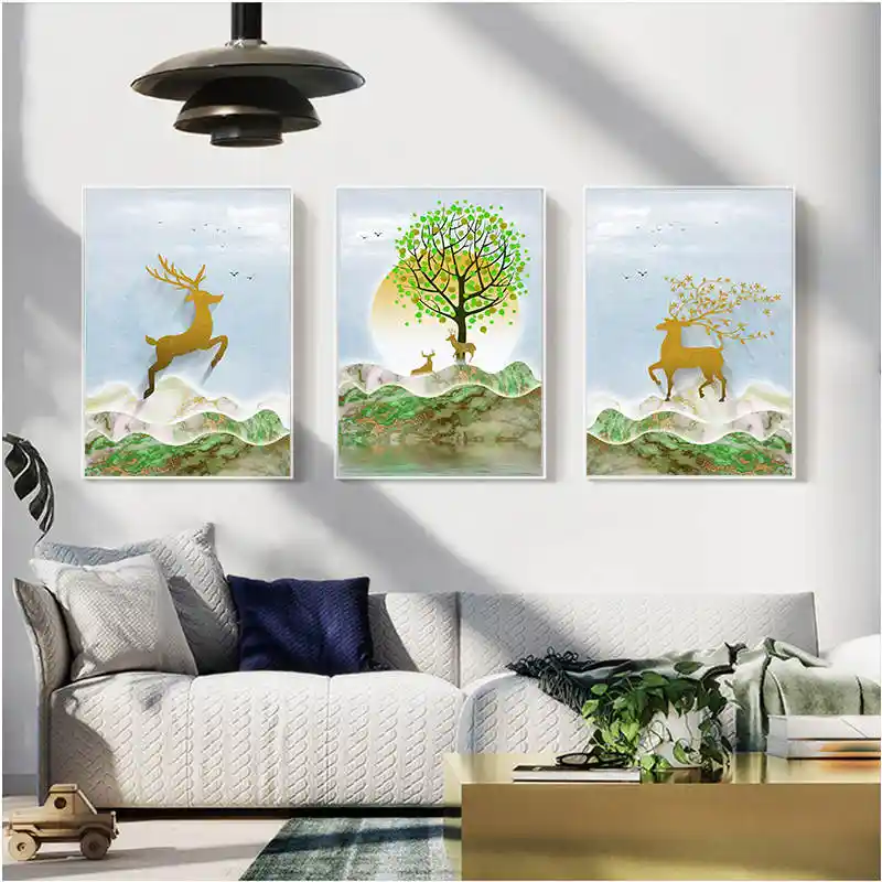 Green Tree And Deer Posters Artwork Sika Deer And Reindeer Prints On Canvas Wall Art For Living Room Bedroom Dinning Room Decor Aliexpress