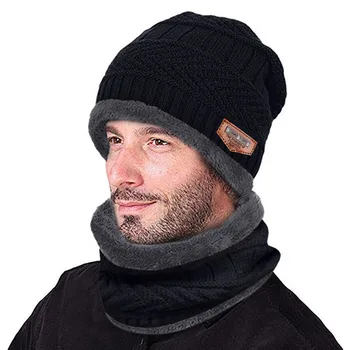 

Beanie Men Warm Beanie Winter Thicken Hat And Scarf Two-Piece Knit Windproof Cap