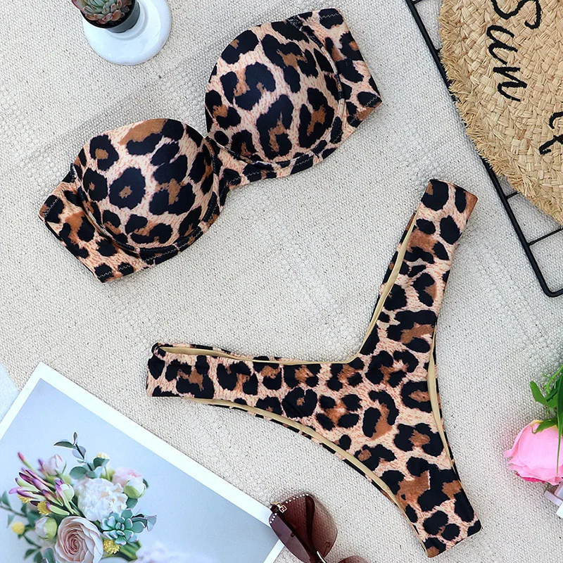 2020 Leopard Snake Print Thong Bikini Push Up Swimsuit Female Swimwear Women Two-pieces Bikini set Bra Cup Bandeau Bathing Suit 2020 Leopard Snake Print Thong Bikini Push Up Swimsuit Female Swimwear Women Two-pieces Bikini set Bra Cup Bandeau Bathing Suit