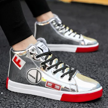 

Men Plush Warm Vulcanized Shoes High Top Flat Sneakers 2019 Winter Leather Shoes Male Non-slip Walking Shoes Zapatillas Hombre