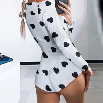 

Sexy For woman 2020 Newest spring summer Long Sleeve V-Neck Love Pattern Print Pajama Romper Women Nightwear