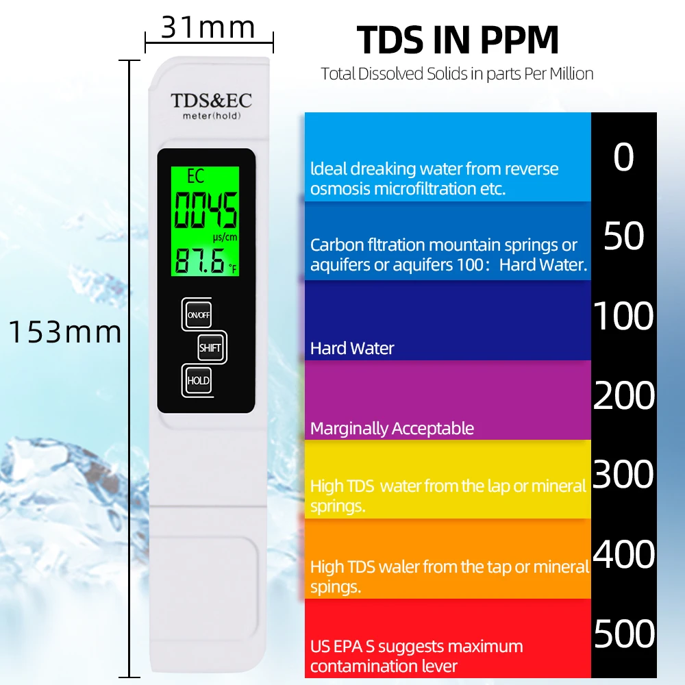 Testeur d'eau numérique TDS 3 en 1, outil de mesure de la pureté de l'eau,  outil de contrôle de la qualité de l'eau, haute précision, 0-9990ppm