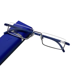 May Flower Men's Metal Anti-Blue Light Half Frame Reading Glasses with TR90 Eyewear and Case - +275 (Blue With Box)